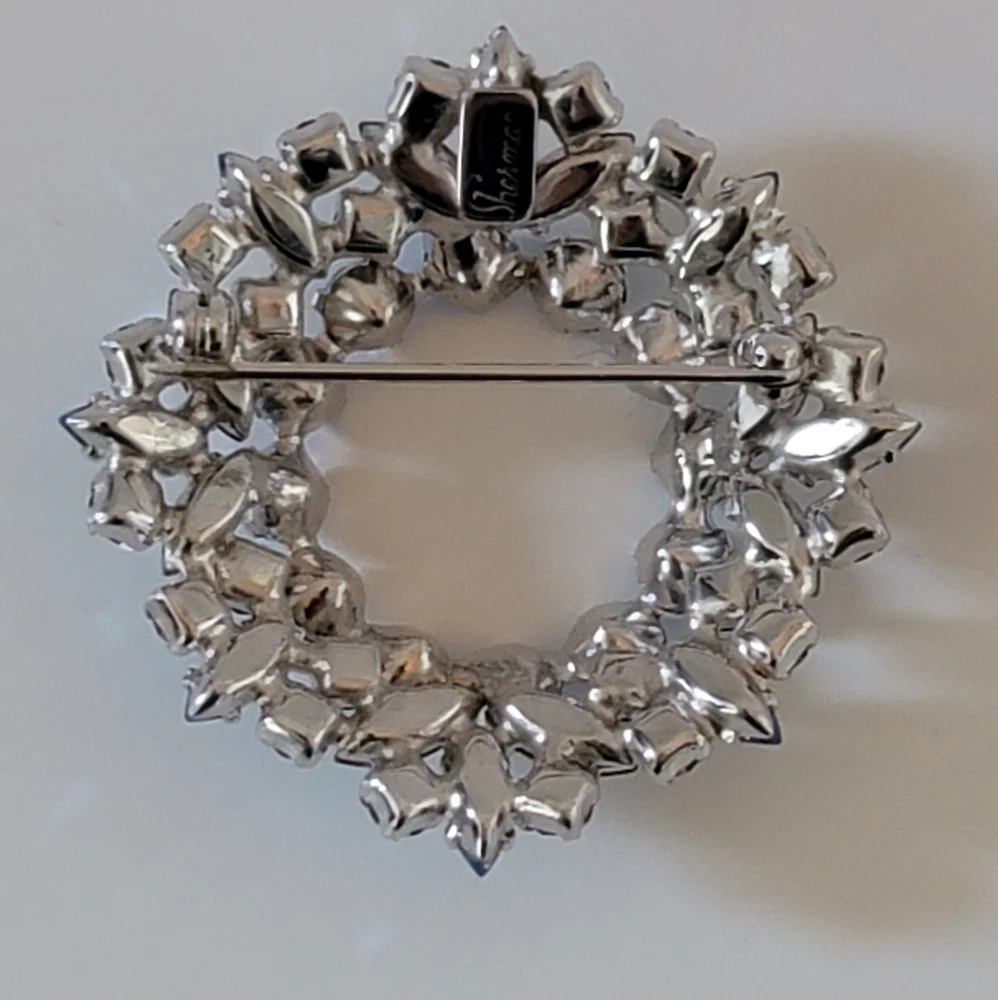 Vintage Signed Sherman Blue Aurora Borealis Rhinestone Wreath Brooch Canada